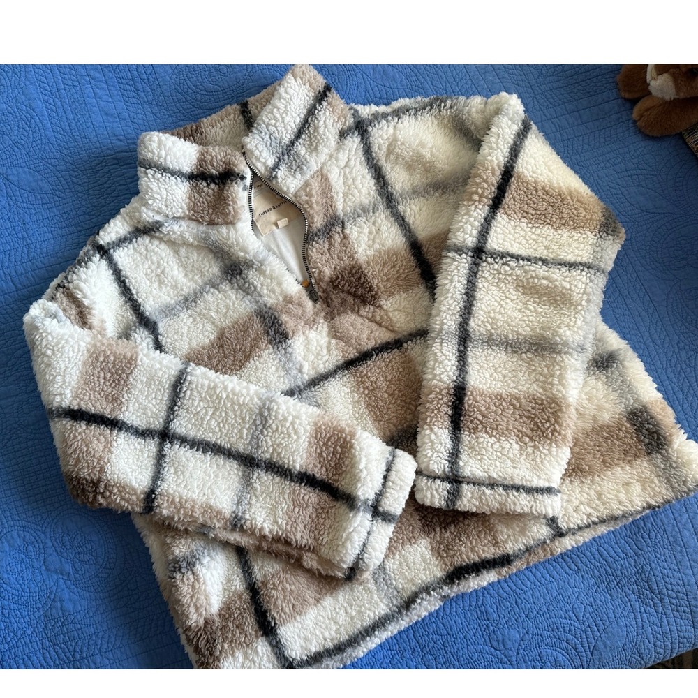 Thread & Supply Cozy Plaid Fuzzy Fleece Half Zip Pullover Sweater‎ Women's Large